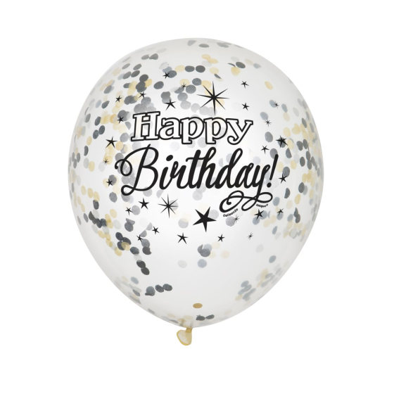 Idis Konfetti-Ballon Happy Birthday schwarz/weiss 30cm, 6 Stk.