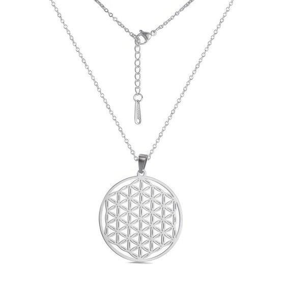 Perlstein Blume des Lebens Halskette, Edelstahl, Silber, 45/50 cm
