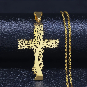 Perlstein Kreuz Lebensbaum Halskette, Edelstahl, Gold, 50 cm