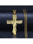 Perlstein Kreuz Lebensbaum Halskette, Edelstahl, Gold, 50 cm
