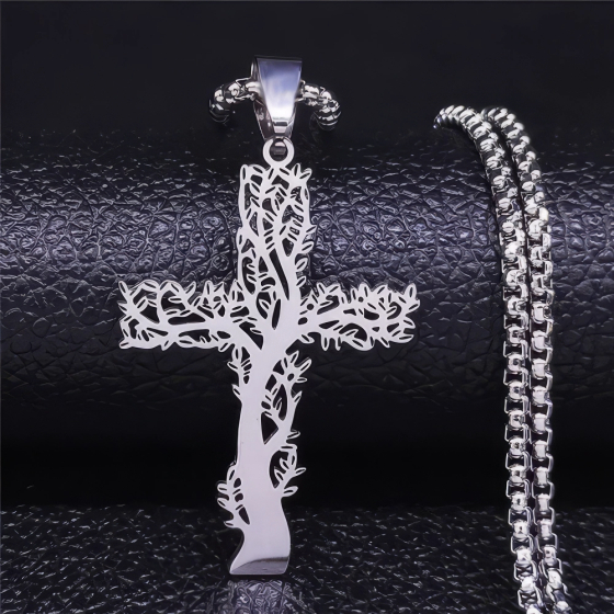 Perlstein Kreuz Lebensbaum Halskette, Edelstahl, Silber, 50 cm