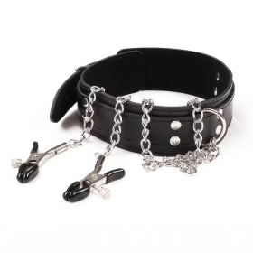 beKinky Halsband SubMaster mit Nippelklemmen, schwarz