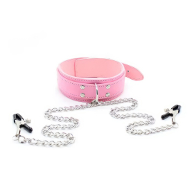 beKinky Halsband SubMaster mit Nippelklemmen, pink