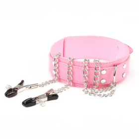 beKinky Halsband SubMaster mit Nippelklemmen, pink