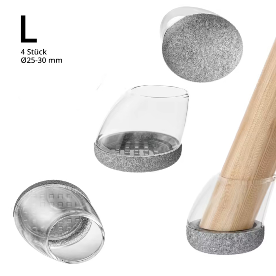 Profi Stuhlbein Silikon Filz Stulpen Winkel, 4er-Set, L, transparent-grau