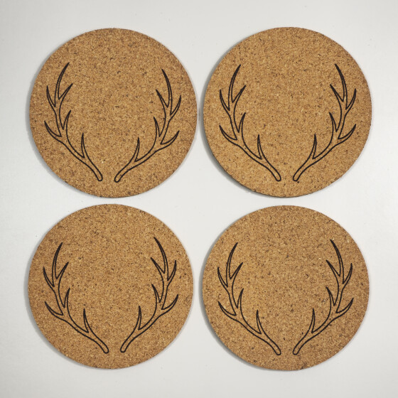 Kork-Untersetzer mit Gravur, Edition Waldgefl&uuml;ster, 4er-Set
